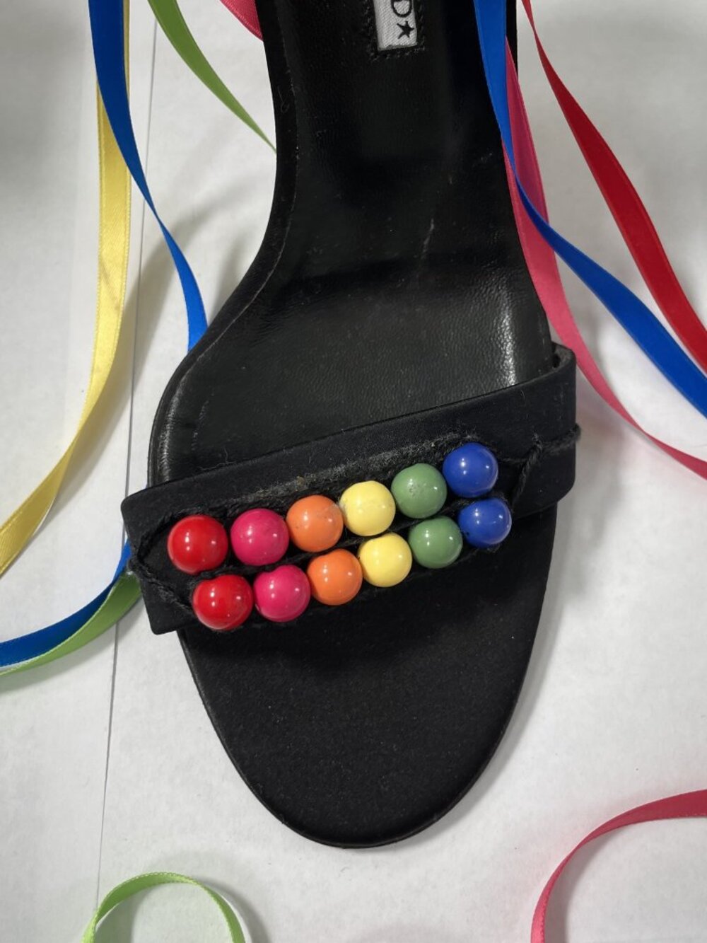 Hollywould Rainbow Ribbon Beaded Ankle Wrap Vintage Y2K Heels 8 Sandals Black - Picture 6 of 16